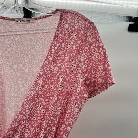 MS Basic Floral Short Sleeve Wrap Dress Pink/Multi Size Medium Above Knee - Picture 4 of 9